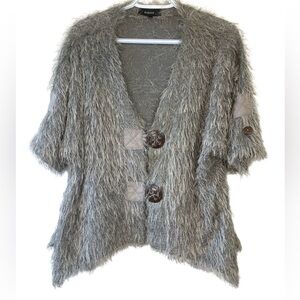 KAKTUS Fuzzy Grey Short Sleeve Button Up Cardigan, Wooden Buttons, Stretch